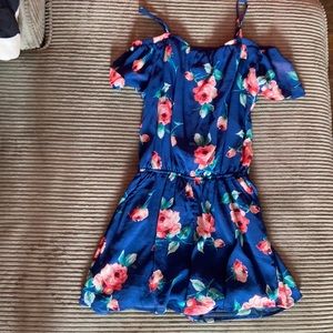 Off the shoulder blue floral romper by Abercrombie Kids.
